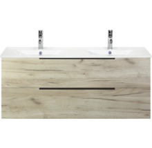 Skrinka pod umývadlo s dvoma umývadlami a zásuvkami vo vzhľade dreva