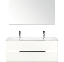 Skrinka pod umývadlo s dvomi umývadlami, dvomi zásuvkami, dvomi vodovodnými batériami a zrkadlom do kúpeľne