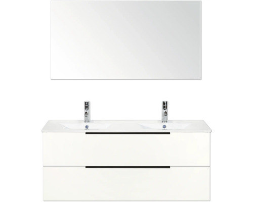 Skrinka pod umývadlo s dvomi umývadlami, dvomi zásuvkami, dvomi vodovodnými batériami a zrkadlom do kúpeľne