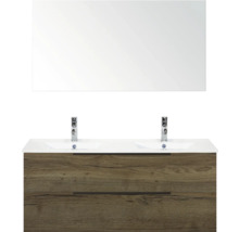 Umývadlo so zrkadlom a drevenou spodnou skrinkou do kúpeľne