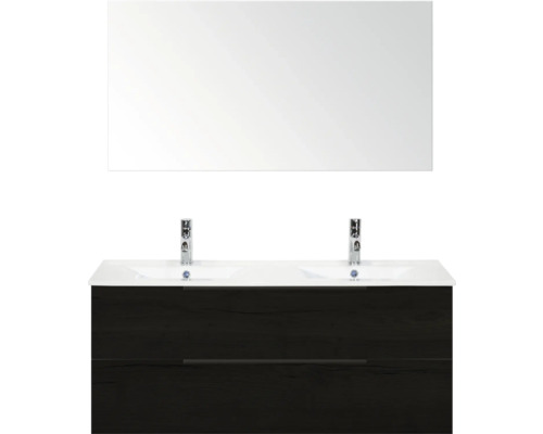 Umývadlo so zrkadlom, spodnou skrinkou, dvoma umývadlami a vodovodnými batériami