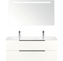 Skrinka pod umývadlo s dvoma umývadlami, spodná skrinka s dvoma zásuvkami a zrkadlo s osvetlením do kúpeľne