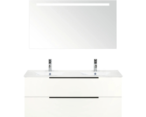 Skrinka pod umývadlo s dvoma umývadlami, spodná skrinka s dvoma zásuvkami a zrkadlo s osvetlením do kúpeľne