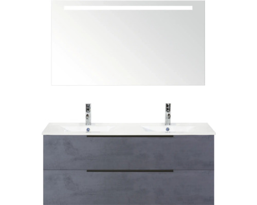 Umývadlová skrinka s dvomi umývadlami, spodná skrinka s dvomi zásuvkami a zrkadlo s osvetlením do kúpeľne