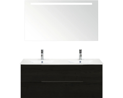 Zostava umývadla s dvojitým umývadlom, spodnou skrinkou a zrkadlom s osvetlením