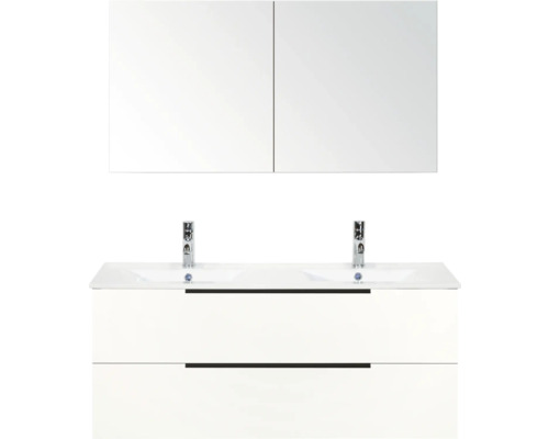 Dvojité umývadlo so skrinkou a zrkadlovou skrinkou do kúpeľne