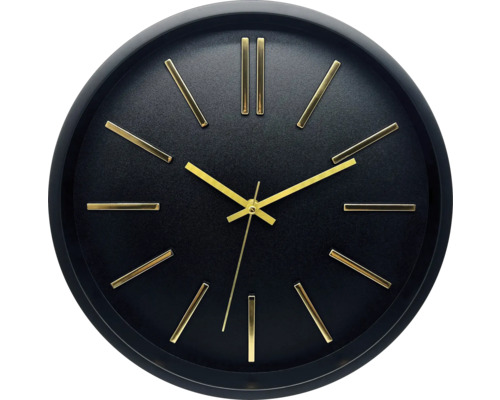Čierne nástenné hodiny so zlatými ručičkami a značkami