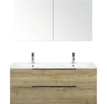 Skrinka pod umývadlo s dvomi umývadlami, dvomi batériami, dvomi zásuvkami a zrkadlovou skrinkou