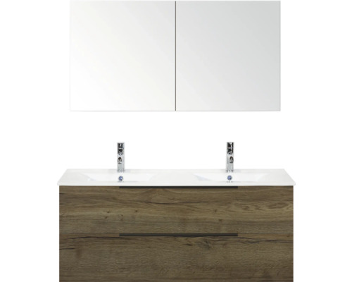 Skrinka s umývadlom s dvoma umývadlami, zásuvkami a zrkadlovou skrinkou