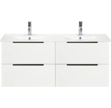 Biela skrinka pod dvojité umývadlo so štyrmi zásuvkami a dvoma batériami