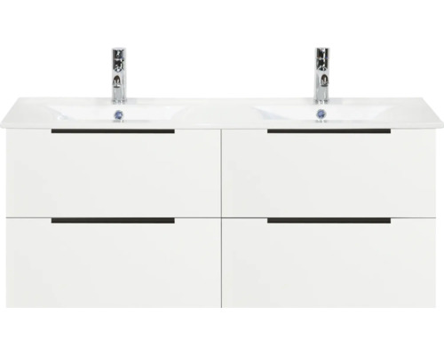 Biela skrinka pod dvojité umývadlo so štyrmi zásuvkami a dvoma batériami