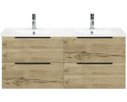 Skrinka pod umývadlo s dvomi umývadlami a štyrmi zásuvkami v dizajne dreva