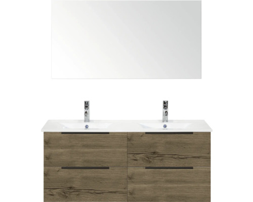 Skrinka pod umývadlo s dvomi umývadlami, spodná skrinka so štyrmi zásuvkami a zrkadlom