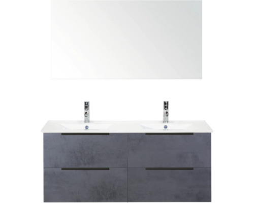 Umývadlová skrinka s dvojitým umývadlom, spodná skrinka so zásuvkami a zrkadlo do kúpeľne