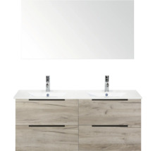 Dvojité umývadlo so zrkadlom a čelom s dreveným dekorom