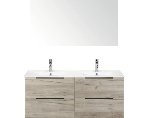 Dvojité umývadlo so zrkadlom a čelom s dreveným dekorom