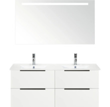 Umyvadlová skrinka s dvomi umývadlami, spodná skrinka a zrkadlo s osvetlením