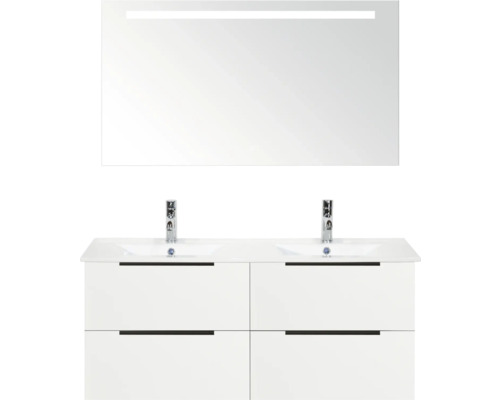 Umyvadlová skrinka s dvomi umývadlami, spodná skrinka a zrkadlo s osvetlením