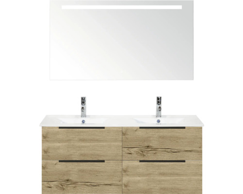 Skrinka s umývadlom s dvoma umývadlami, zrkadlom a vzhľadom dreva