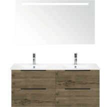 Skrinka pod umývadlo s dvomi umývadlami, vzhľad dreva a zrkadlo s osvetlením