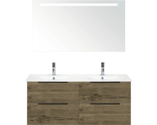 Skrinka pod umývadlo s dvomi umývadlami, vzhľad dreva a zrkadlo s osvetlením