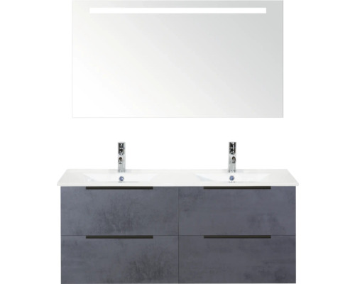 Kúpeľňová zostava Sanox Seville 120 cm betón antracit Súprava kúpeľňového nábytku s dvojitým umývadlom, skrinkou pod umývadlo a zrkadlom s osvetlením