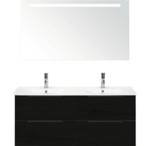 Umývadlová skrinka s dvomi umývadlami, spodnou skrinkou a osvetleným zrkadlom