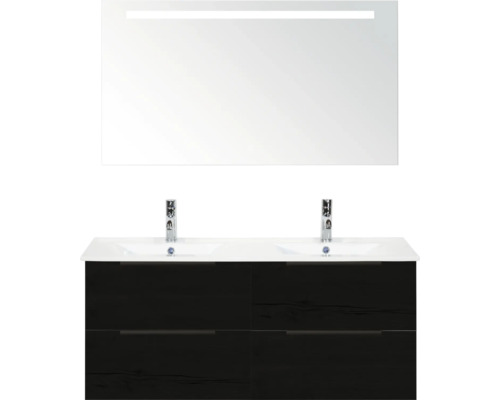 Umývadlová skrinka s dvomi umývadlami, spodnou skrinkou a osvetleným zrkadlom