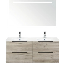 Súprava kúpeľňového nábytku s dvojitým umývadlom, spodnou skrinkou so zásuvkami a zrkadlom s osvetlením