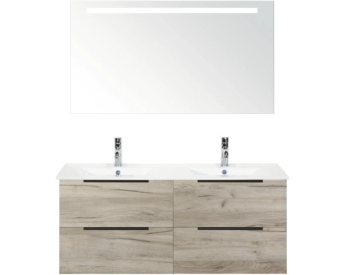 Súprava kúpeľňového nábytku s dvojitým umývadlom, spodnou skrinkou so zásuvkami a zrkadlom s osvetlením