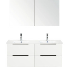 Skrinka pod umývadlo s dvomi umývadlami, spodná skrinka so zásuvkami a zrkadlová skrinka do kúpeľne