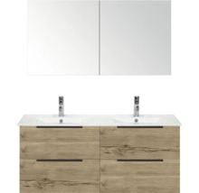 Skrinka pod umývadlo so zrkadlom, dve umývadlá a štyri zásuvky vo vzhľade dreva