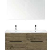 Skrinka pod umývadlo s dvomi umývadlami, batériami, zrkadlovou skrinkou a drevenou štruktúrou