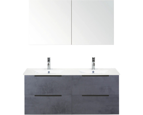 Kúpeľňová zostava Sanox Seville 120 cm betón antracit Dvojité umývadlo so skrinkou a zrkadlovou skrinkou do kúpeľne