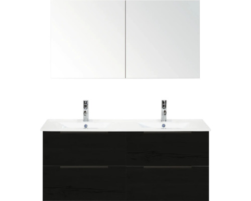 Kúpeľňová zostava Sanox Seville 120 cm dub čierny Skrinka pod umývadlo s dvojitým umývadlom a zrkadlovou skrinkou