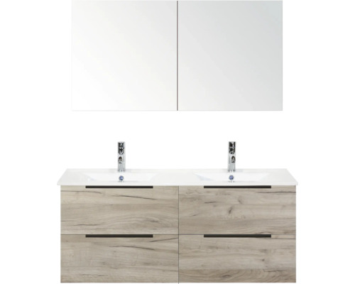 Kúpeľňová zostava Sanox Seville 120 cm craft oak Skrinka pod umývadlo s dvoma umývadlami, spodná skrinka so štyrmi zásuvkami a zrkadlová skrinka s dvoma dvierkami