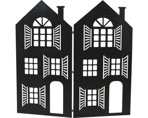 Dekoratívna kovová kulisa domov s okenicami