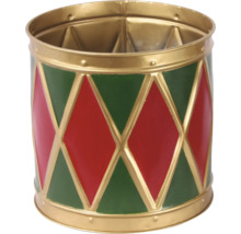 Dekoratívny kovový bubon s kosoštvorcovým vzorom v zelenej a červenej farbe