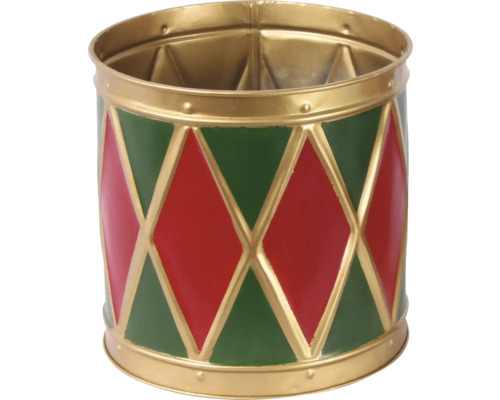 Dekoratívny predmet bubnový hrniec Lafiora kov Ø 12 cm Dekoratívny kovový bubon s kosoštvorcovým vzorom v zelenej a červenej farbe