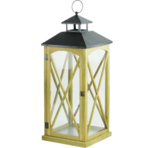 Dekoratívna drevená lampa s kovovými prvkami a sklenenými vložkami
