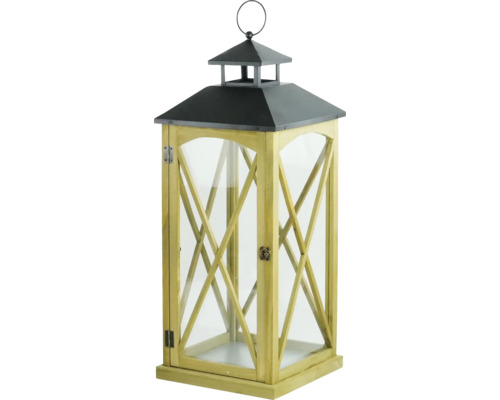 Dekoratívna drevená lampa s kovovými prvkami a sklenenými vložkami