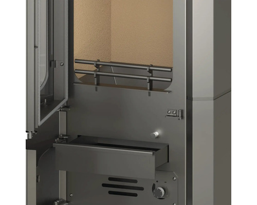 Vnútorný pohľad na kachle s ohniskom, popolníkom a ovládacím panelom