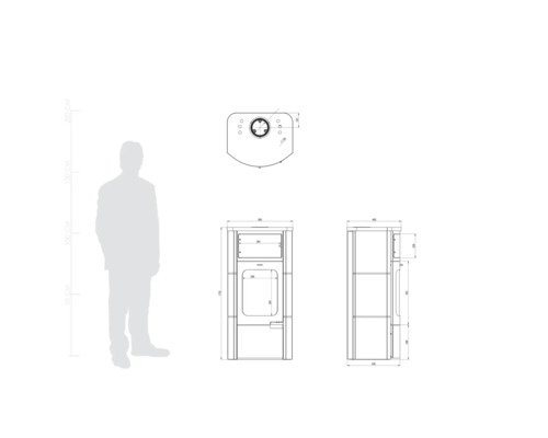 Technický nákres krbových kachlí s rozmermi a porovnaním veľkosti pomocou siluety človeka.