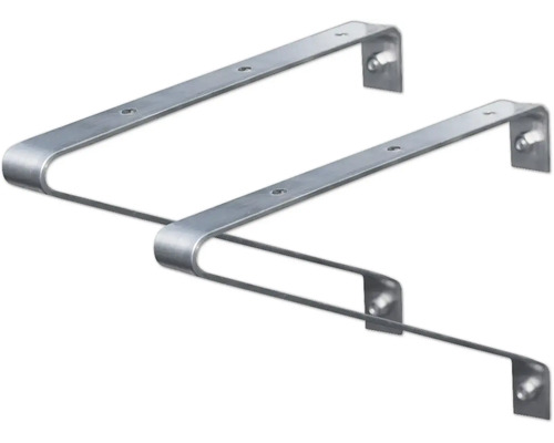 Dva kovové držiaky políc s montážnymi otvormi