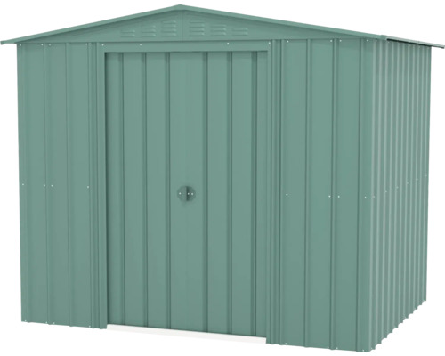 Kovový záhradný domček so sedlovou strechou a jednými dverami