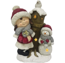 Dekoratívna figúrka s dievčaťom, snehuliakom a vtáčou búdkou ako vianočná dekorácia