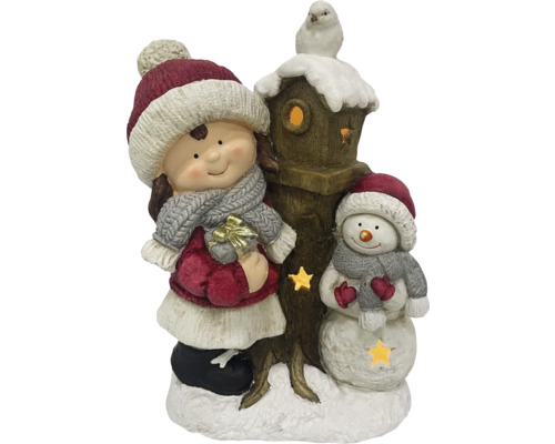 Dekoratívna LED figúrka dievča so snehuliakom 39 cm Dekoratívna figúrka s dievčaťom, snehuliakom a vtáčou búdkou ako vianočná dekorácia