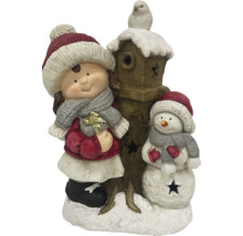 Dekoratívna zimná skupina figúrok s dievčaťom, snehuliakom a vtáčou búdkou