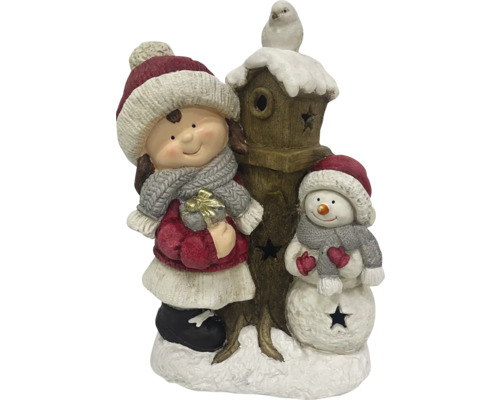 Dekoratívna zimná skupina figúrok s dievčaťom, snehuliakom a vtáčou búdkou
