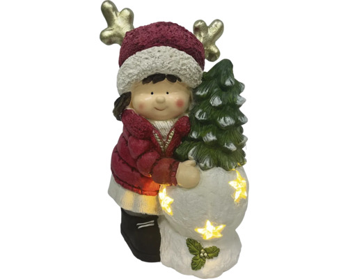 Dekoratívna figúrka dievčaťa s vianočným stromčekom a svetielkami v tvare hviezd